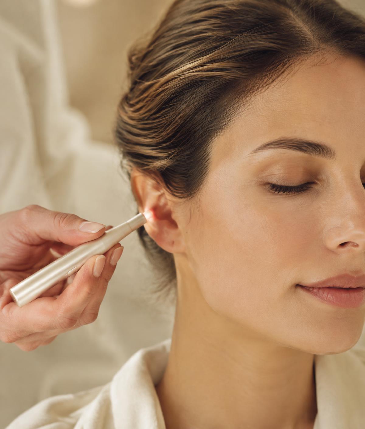 Séance de luxopuncture : stimulation lumineuse d'un point réflexe de l'oreille